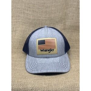Wrangler Mesh Snapback Trucker Hat American Flag Gray And Blue EUC
